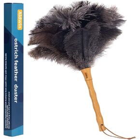 Aldwin Ostrich Feather Duster, 16 inch Ostrich Feather Duster with Wood Handle Reusable, Fluffy Natural Genuine Handheld Feather Duster for Cleaning Supplies, Home, Car, Office
