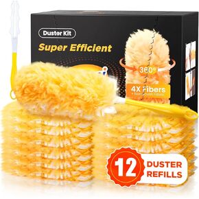 Super Efficient Duster Refills for Swiffer Duster, Duster Kit with 12 Ct Duster Refills & 1 Handle, Multisurface 360° Dusters with 4X Microfibers, Unscented Disposable Dusters for Cleaning