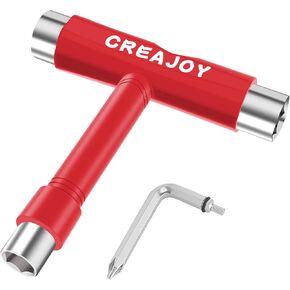 All-in-One Skate Tools, Multi-Function Portable Skateboard T Tool Accessory with T-Type Allen Key and L-Type Phillips Head Wrench Screwdriver (Red)
