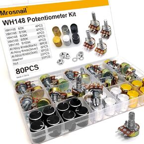 80PCS Potentiometer Kit, WH148 B5K, B10K, B20K, B50K, B100K 3-Pin Single Link 15mm Potentiometers with Potentiometer Knobs, Nuts, Washers