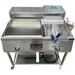 Gas Shark Fryer Cart with 20" Griddle | 30 lb 3.5 Gallon Single Tank Deep Fryer | 2 Fryer Baskets | Serving Shelf | Outdoor Propane | Food Grade Stainless Steel | Portable for Commercial & Home Use