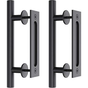 Heavy Duty 12"Pull and Flush Sliding Barn Door Handle Sets, Large Pull and Flush Barn Door Handle Kit for Gate Garage Shed Furniture, Black Round Solid Steel Material Double-Side Design 2PCS