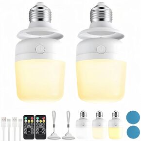 2 Pack Rechargeable Light Bulbs,E26 3 Color Temperature with Remote,Magnetic & Timer Battery Backup Bulb for Non-Hardwired Detachable