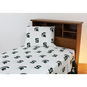 College Covers Everything Comfy Michigan State Spartans King Sized 4 Piece Sheet Set, White Color Background, 1 Flat Sheet, 1 Fitted Sheet, 2 Pillowcases