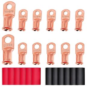 RED WOLF 1/0 Gauge x 3/8" 5/16" Copper Wire Ring Terminals Connector Lug 12 PCS Battery Cable Ends Stud W/3:1 Heat Shrink Tubing Tube Black & Red Each 6 PCS for Electrical Vehicle Boat Marine