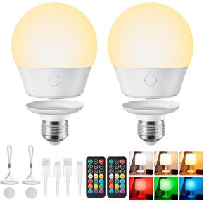 Brightown E26 Rechargeable Light Bulb with Remote and Timer, Battery Backup Bulb for Sconces and Lamps, E26 Detachable Charging for Non-Hardwired Fixture, 3 Color Temperatures + 9 RGB Colors, 2 Pack