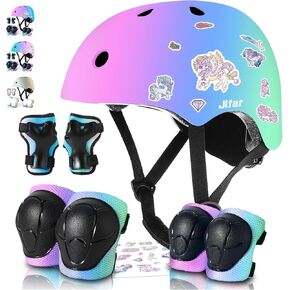 Sticker Adjustable Color Gradient Bike Kids Toddler Helmet and pads for Kids 3-5-8-14+Boys Girls Child Skateboard Helmet with Knee Pad Elbow Pads Guards,Riding Scooter Roller Inline skatings Longboard