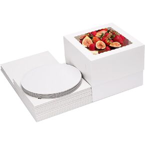 Moretoes 10 Sets Cake Boxes with Boards, 10x10x8 Inches Tall Bakery Boxes with Cake Boards with Window, Cajas Pasteles for Cake, Valentine's Day, Mother's Day, Pastries, Chocolates, Cookies, Pie