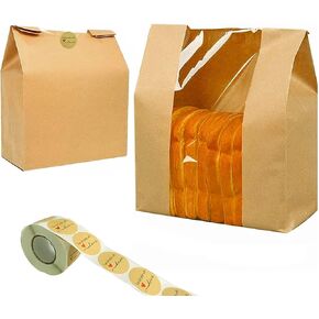 100 Pack Kraft Paper Bread Bags for Homemade Bread Large Loaf Bag with Clear Front Window 14" x 8.3" x 3.5" 500pcs Homemade with Love sticker, Food Packaging Storage Popcorn Cookie Treat Bakery Bag