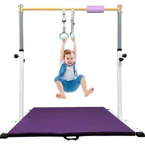 Adjustable Gymnastics Bar for Kids with Mat - Sturdy Kip Bar with Rings, Horizontal Bar for Home Training, 3'-5' Height, Ages 3-15, 250 LBS Capacity, Easy Assembly.
