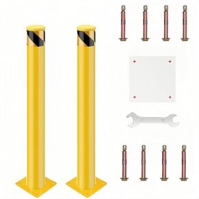 42" Safety Bollard Posts, 2-Pack, 4.5" Diameter, Yellow Powder-Coated Steel Pipe with Wrench, Positioning Plate, 8 Anchor Bolts, for Traffic Control, Driveway Protection, Parking Lots