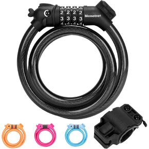 Bike Lock, 3.9 Feet 4-Digit Resettable Combination Password Anti-Theft Cable Lock, Cute Coiled Bike Lock with Mounting Bracket, Suitable for Bicycles, Electric Scooters, Ebikes (Black-12mm)