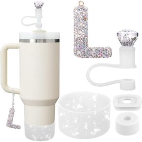 Mity rain Set for Stanley Cup Accessories, Letter Charm for Stanley Cup, Including Diamond Straw Topper, 2 Pcs Silicone Spill Proof Stopper, Sparkly Silicone Boot Set for Stanley Cup 40/30OZ (WHITE S)