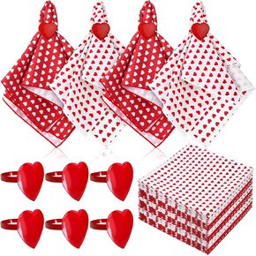 18 Pcs Valentine's Day Cloth Napkins and Napkin Ring, 6 Pcs Metal Red Heart Napkin Ring Holders & 12 Pcs Love Heart Cloth Napkins for Valentine's Day Dinner Table Settings Decor Wedding Party Favors