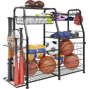 Garage Sports Equipment Organizer, Ball Storage Rack, Garage Organizer System, Indoor/Outdoor Sports Rack, Sports Gear Storage Rack for Basketballs Footballs Volleyball, Black