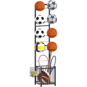 CADUKE Basketball Storage, Vertical Ball Rack for Garage, 8 Balls Sports Ball Holder for Basketball, Soccer, Volleyball, Football, Rackets in Garage, Indoor, Outdoor, Black
