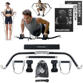 EVO Bow - All in One Portable Home Gym System | Compact Strength Training and Exercise Equipment for Travel with Notched Resistance Bands for Full Body Training and Weighted Pushups | 300lbs