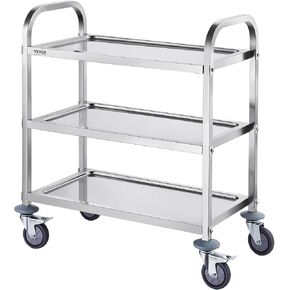VEVOR Laboratory Trolley with 3 Levels Medical Service Trolley 74 x 39.5 x 86 cm Stainless Steel Trolley Load 181 kg Silent Movement for Clinical Kitchen Hotel Beauty Salon Storage