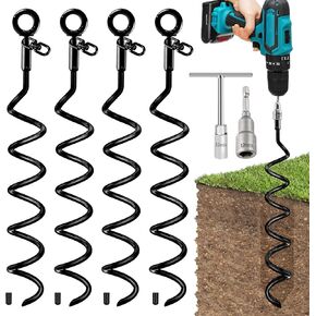 Ground Anchors, 15.5 Inch 4 Pack Ground Anchors Screw in Heavy Duty Swing Set Anchor Kit Trampoline Stakes High Wind Spiral Metal Anchor with Swivel Ring for Shed Tent Mobile Home Dog Tree
