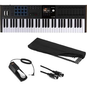 Arturia KeyLab 61 mk3 Professional MIDI Controller and Software (Black) Bundle with Auray FP-P1L Sustain Pedal, Medium Keyboard Dust Cover, and 10' Black Midi cable