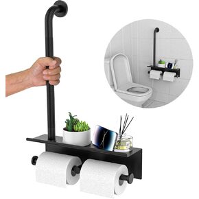 Bathroom Grab Bar w/Toilet Tissue Roll Holder, Black 3 in 1 Double Toilet Paper Holders w/Storage Shelf, Anti Slip Stainless Steel Safety Hand Rail Support Handicap Elderly Senior Assist Bath Handle