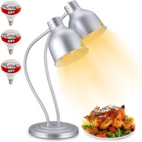 Food Heat Lamp: [Rapid-Heating Bulbs Included] [Steady Heating] Commercial Food Warmer Lamp, Electric Heat Lamp for Food Catering Food Warming Lamp for Buffet Parties (Painted Silver, 32" (2-Head))