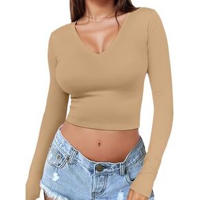 Womens Long Sleeve Crop Top Crew Neck Y2K Shirt Sexy Slim Fitted Casual Base Layer Soft Workout Shirt Going Out Tops in Kuwait
