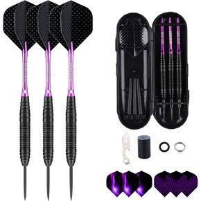 Darts Metal Tip Set - 3 Pack Professional 22 Grams Steel Tip Darts with Slim Case Black Purple Blue Aluminum Shafts 9 Flights 50 Rubber O'Rings 1 Dart Sharpener 12 Spring Rings