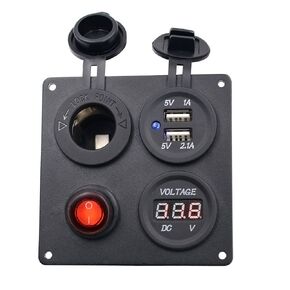 E-Bro Dual USB Charger + Digital Voltmeter + 12V Power Socket Outlet + ON-Off Button Switch 4 Hole Panel Switch Marine Car Truck