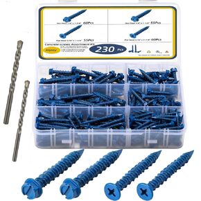 232Pcs Concrete Screws with Drill bits,1/4 3/16 Masonry Screws for Concrete Assortment Kit,4 Sizes Flat & Hex Head Block Cement Stacoo Screws and Anchors,Diamond Point,Blue Coated