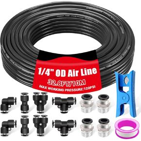 mankk 1/4 Inch Air Line Tubing Kit 32.8FT(10m) Polyurethane PU Tube 1/4"(6.35mm) Air Hose Fittings and 1/4" Push to Connect Fittings Pneumatic Tubing Compressed Accessories (15PCS)