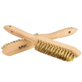 SALI Wire Brushes for Cleaning Rust Removal Heavy Duty Brass Brush Tool for Automotive,Paint , Welding Slag,Grill,Household Clean 11" Long Curved Beechwood Handle , 14X4 Rows Bristles Pack of 2