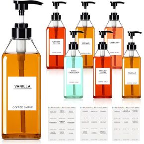 Nuogo 6 Pcs Coffee Syrup Dispenser 300ml/500ml/750ml Pet Syrup Bottles Black Syrup Pump Dispenser Syrup Container Syrup Pump Bottle with 27 Labels Kitchen Accessories(11.8 oz)