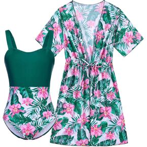 Funnycokid Girls One Piece Swimsuit with Cover Up Bathing Suit Swim Set Kids 6-12 Years