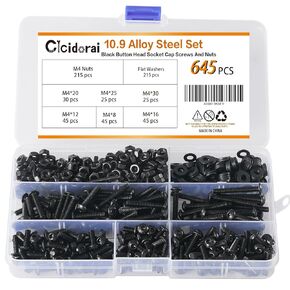 420 Pcs M5 x 8/12/16/20/25/30mm 10.9 Grade Alloy Steel Button Head Socket Cap Screws Bolts with M5 Nuts, M5 Washers and 1 Pcs Hex Key Wrenches Assortment Kit