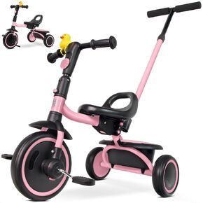 Tricycle for Toddlers 18 Months to 5 Years with Removable Push Handle, Tricycles for 3-5 Year Olds Ideal for On-The-Go Families, Toddler Tricycle with Adjustable Carry-Friendly Seat, Pink