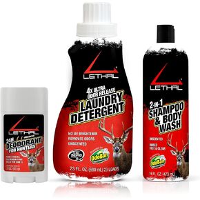 LETHAL Human Scent Eliminating Personal Care Bundle for Hunters, 2-in-1 Shampoo and Body Wash, Deodorant Stick, 4X Ultra Odor Release Laundry Detergent, Unscented