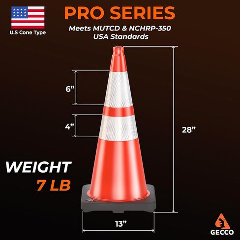 GECCO ™ (4 Pack) 28 Inch 7 Lb Heavy Duty Orange Traffic Cones Set | Durable Safety Cones, Orange Cones, Parking Cones, Construction Cones, Road Cones | PVC Plastic & Black Base - [PRO Series] in Saudi Arabia