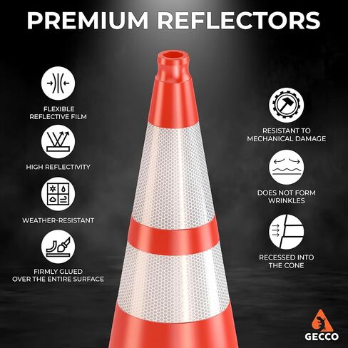 GECCO ™ (4 Pack) 28 Inch 7 Lb Heavy Duty Orange Traffic Cones Set | Durable Safety Cones, Orange Cones, Parking Cones, Construction Cones, Road Cones | PVC Plastic & Black Base - [PRO Series] in Saudi Arabia