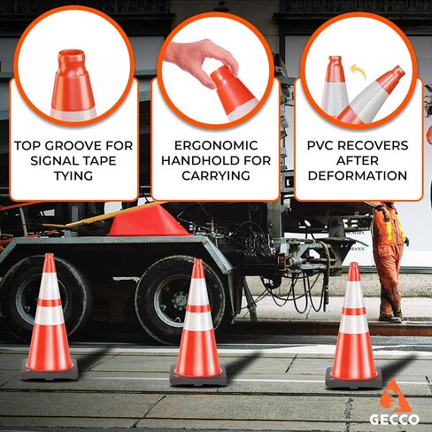 GECCO ™ (4 Pack) 28 Inch 7 Lb Heavy Duty Orange Traffic Cones Set | Durable Safety Cones, Orange Cones, Parking Cones, Construction Cones, Road Cones | PVC Plastic & Black Base - [PRO Series] in Saudi Arabia