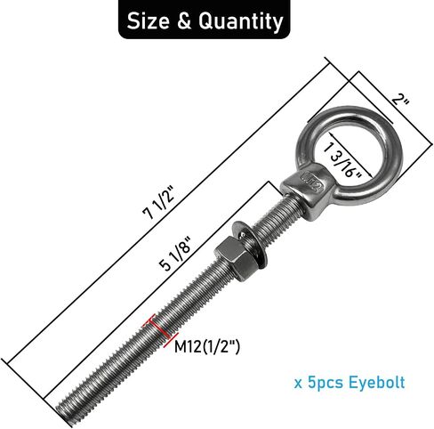 Eye Bolts, 2pack 1/2" x 5-1/8" Heavy Duty Shoulder Lifting Ring Threaded Eyebolts with Nuts Washers 316 Stainless Steel Marine Grade Eyebolt in Kuwait
