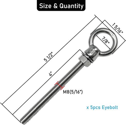 Eye Bolts, 2pack 1/2" x 5-1/8" Heavy Duty Shoulder Lifting Ring Threaded Eyebolts with Nuts Washers 316 Stainless Steel Marine Grade Eyebolt in Kuwait