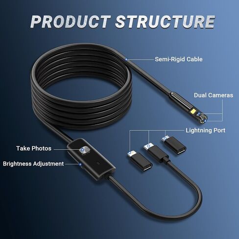 Borescope Camera with Light,Dual Lens Endoscope Camera for iPhone Android Phone,Industrial Endoscope 16.4ft IP67 Waterproof Snake Camera for Inspection in Saudi Arabia