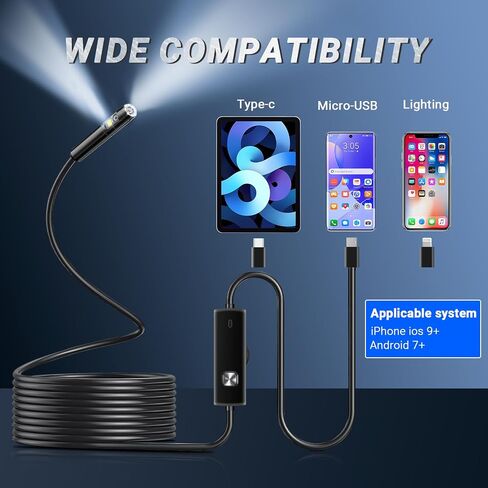 Borescope Camera with Light,Dual Lens Endoscope Camera for iPhone Android Phone,Industrial Endoscope 16.4ft IP67 Waterproof Snake Camera for Inspection in Saudi Arabia
