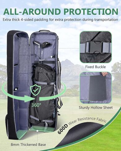 حقيبة سفر للجولف - حقيبة سفر أكسفورد 600D للجولف لشركات الطيران، حافظة صلبة قابلة للطي وحقائب جولف للسفر مع عجلات، أسود in Kuwait