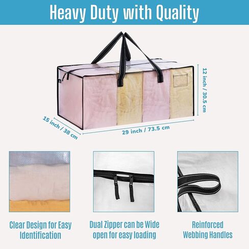 VENO 4 عبوات من الحقائب المتحركة البلاستيكية لتخزين الملابس منظمة كبيرة مع غطاء/سحاب. صناديق التعبئة / الصناديق البديلة. أساسيات لوازم الكلية القابلة للطي وتوفير المساحة (جزء النافذة BLK، 4 عبوات) in Kuwait