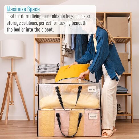 VENO 4 عبوات من الحقائب المتحركة البلاستيكية لتخزين الملابس منظمة كبيرة مع غطاء/سحاب. صناديق التعبئة / الصناديق البديلة. أساسيات لوازم الكلية القابلة للطي وتوفير المساحة (جزء النافذة BLK، 4 عبوات) in Kuwait