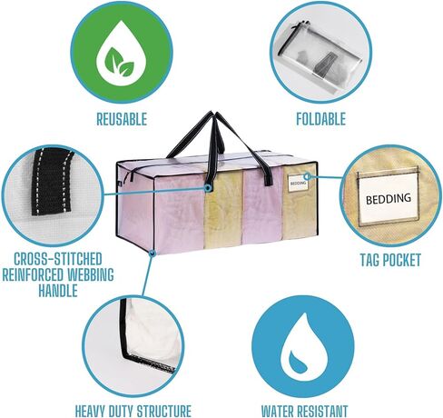 VENO 4 عبوات من الحقائب المتحركة البلاستيكية لتخزين الملابس منظمة كبيرة مع غطاء/سحاب. صناديق التعبئة / الصناديق البديلة. أساسيات لوازم الكلية القابلة للطي وتوفير المساحة (جزء النافذة BLK، 4 عبوات) in Kuwait