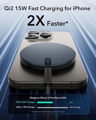 ESR HaloLock Qi2 Wireless Charger with Kickstand, Qi2 15W MagSafe iPhone Charger, Wireless Charging Pad for iPhone 16/15/14/13/12 Series, AirPods Pro, Strong Magnetic Charging with Type-C Cable, Black in Saudi Arabia