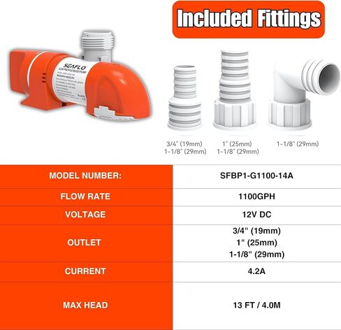 مضخة نزح لاستشعار المياه من السلسلة SEAFLO 14A 12V 1100 GPH أوتوماتيكية منخفضة المستوى | تصميم مدمج، وصمامات فحص، وتفريغ بزاوية 360 درجة، وضمان لمدة 4 سنوات in Kuwait